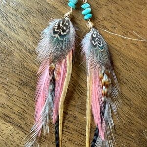 Artisan Feather Earrings with Turquoise and Pink Accents